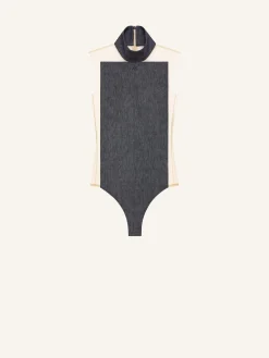 ILLUSION MOCKNECK DENIM BODYSUIT