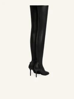 OBLIQUE STRETCH LEATHER EFFECT THIGH BOOTS